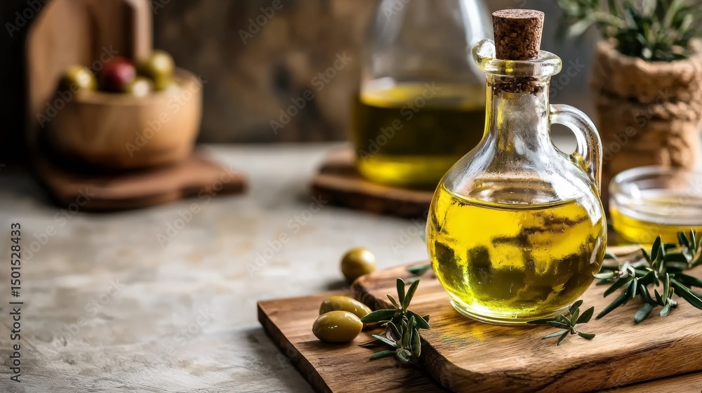 Olive oil bottles with herbs on rustic wooden table Olive oil bottles with herbs on rustic wooden table