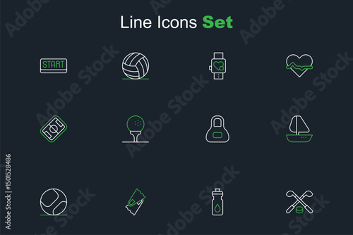 Set line Ice hockey sticks and puck, Fitness shaker, Flippers for swimming, Baseball ball, Yacht sailboat, Weight, Golf on tee and Football field icon. Vector