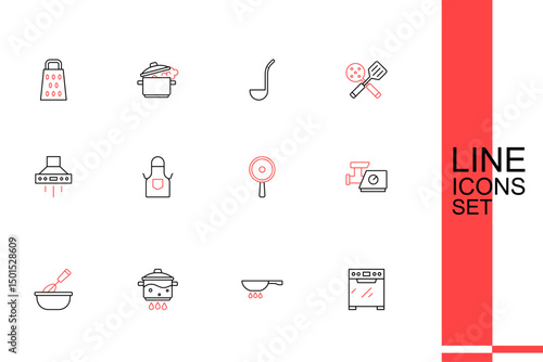 Set line Oven, Frying pan on fire, Cooking pot, whisk with bowl, Kitchen meat grinder, apron and extractor fan icon. Vector
