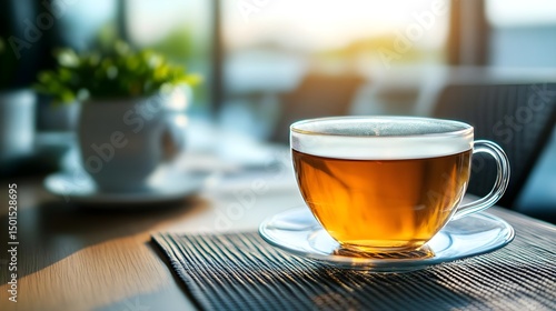 Transparent Glass Cup of Tea on Wooden Table with Soft Background