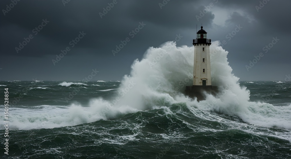 Lighthouse amidst crashing waves during a powerful ocean storm at sea Lighthouse amidst crashing waves during a powerful ocean storm at sea
