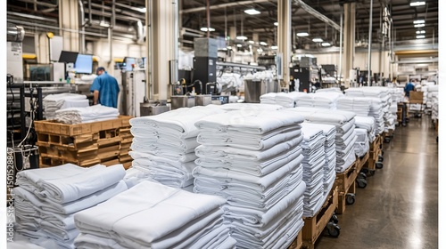 Industrial laundry facility with neatly stacked clean linens