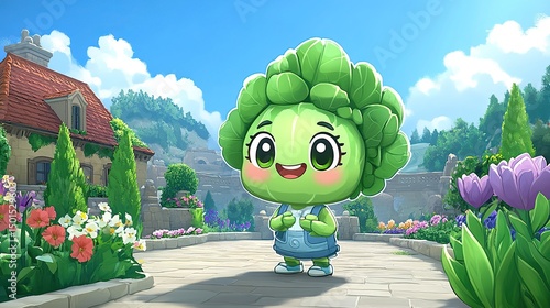 Cute broccoli character in a charming garden setting