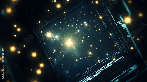Fototapeta Naklejka Na Ścianę i Meble -  Glowing stars seen through the window of a space station