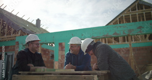 Photography Construction workers sharing a lighthearted moment on building site, wearing har