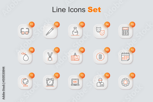 Set line Gear, Teacher, Laptop, Alarm clock, Earth globe, School timetable, Exam paper with incorrect answers and Identification badge icon. Vector