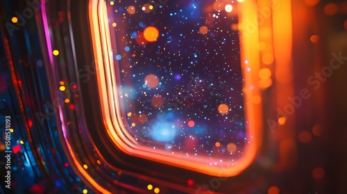 Fototapeta Naklejka Na Ścianę i Meble -  Glowing stars seen through the window of a space station