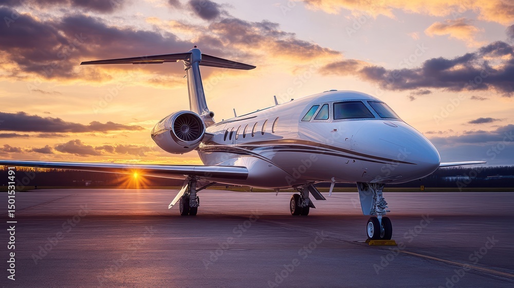Obraz premium Private jet on runway at sunset, embodying luxury and adventure concept