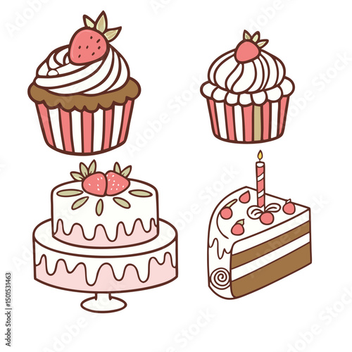 Vector illustration of a cake, Charming Whimsical Hand Drawn Clipart Set.