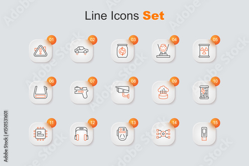 Set line USB flash drive, Neural network, Artificial intelligence robot, Headphones, Processor CPU, Cryogenic capsules, Network cloud connection and Security camera icon. Vector