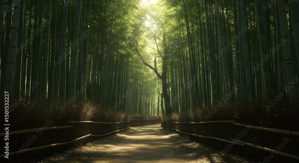Fototapeta premium Sunlit pathway through bamboo forest green nature scenery serenity