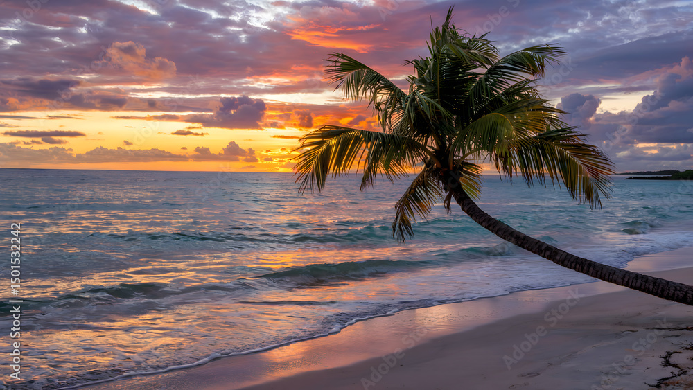 Fototapeta premium Striking single palm tree on a pristine tropical beach, casting a beautiful silhouette against a dramatic sunset, evoking paradise and tranquility