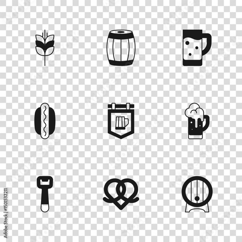 Set Pretzel, Glass of beer, Wooden barrel on rack, Street signboard with, Wheat, and Hotdog sandwich icon. Vector