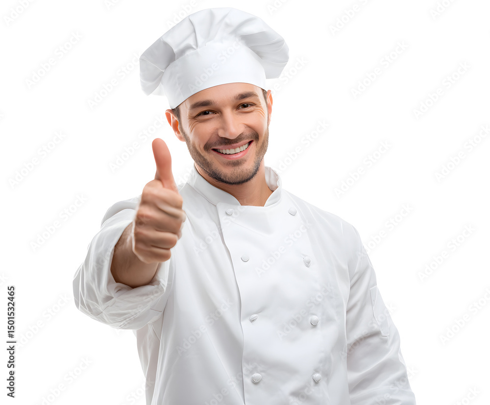 A smiling chef in uniform gives a thumbs up, signaling success and approval of his work. A smiling chef in uniform gives a thumbs up, signaling success and approval of his work.