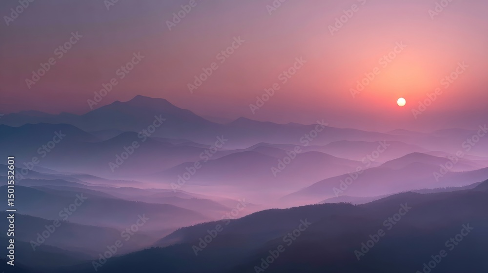 Fototapeta premium Misty Mountain Sunrise: A Serene Landscape