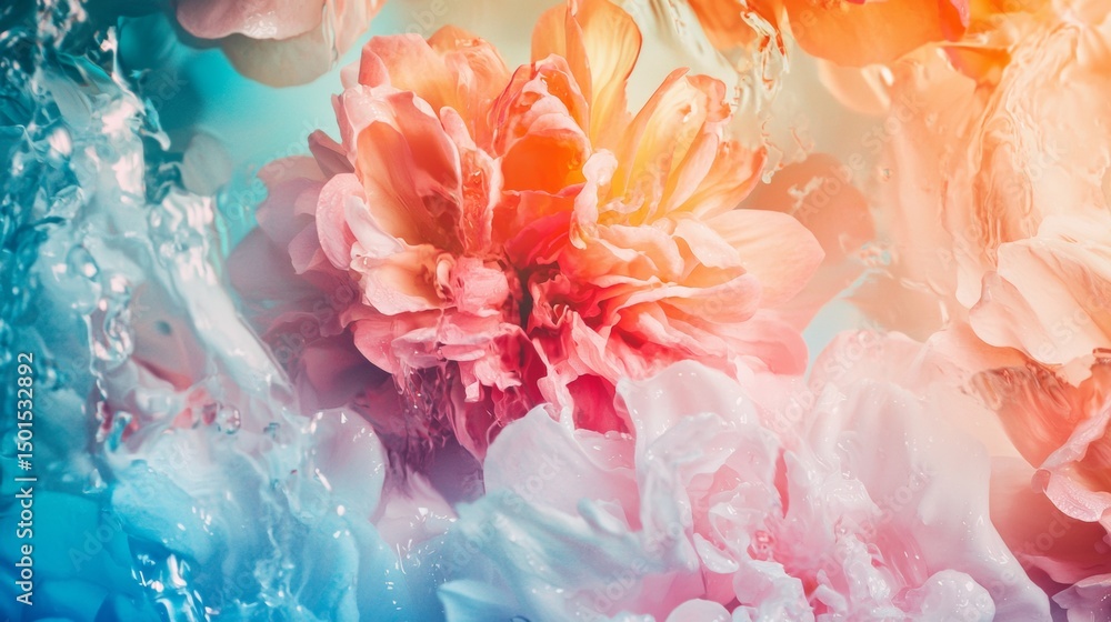 Colorful flower underwater with air bubbles and dreamy effect in soft pastel color palette Colorful flower underwater with air bubbles and dreamy effect in soft pastel color palette