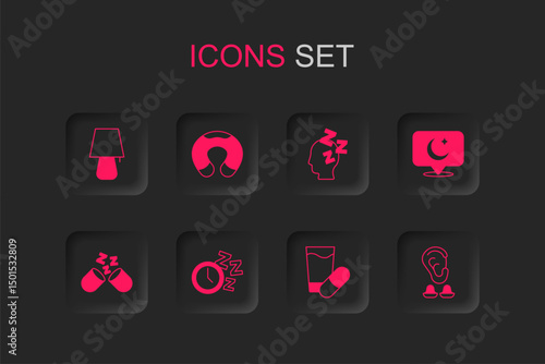 Set Alarm clock, Travel neck pillow, Table lamp, Sleeping, Moon and stars, Earplugs ear, Dreams and icon. Vector