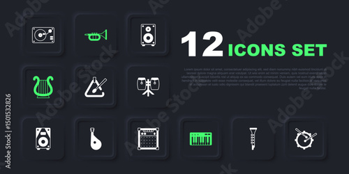 Set Clarinet, Drum with drum sticks, Triangle musical instrument, Music synthesizer, Ancient Greek lyre, Bandura, Trumpet and Guitar amplifier icon. Vector
