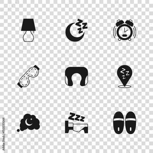 Set Time to sleep, Sleepy, Slippers, Travel neck pillow, Alarm clock, Table lamp, Moon and stars and Eye mask icon. Vector