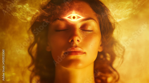 spiritual woman doing third eye meditation ajna chakra sixth chakra. opening third eye vision. connection to the universe