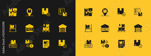Set Verification of delivery list, Tax cardboard box, Cardboard boxes pallet, Waybill, Free storage, Carton, Warehouse with and Location icon. Vector