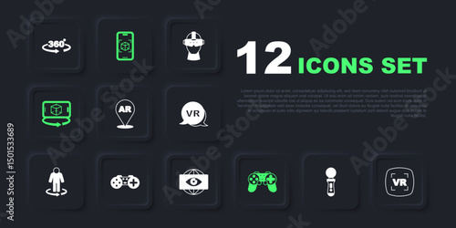 Set VR controller game, Virtual reality, Augmented AR, Gamepad, 3d modeling, and Big brother electronic eye icon. Vector