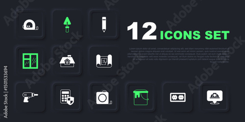 Set Electrical outlet, Worker safety helmet, House, Paint bucket, Window room, Security keypad access panel, Trowel and Roulette construction icon. Vector