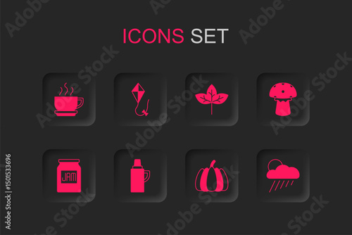 Set Thermos container, Kite, Coffee cup, Pumpkin, Mushroom, Cloud with rain and sun, Leaf and Jam jar icon. Vector