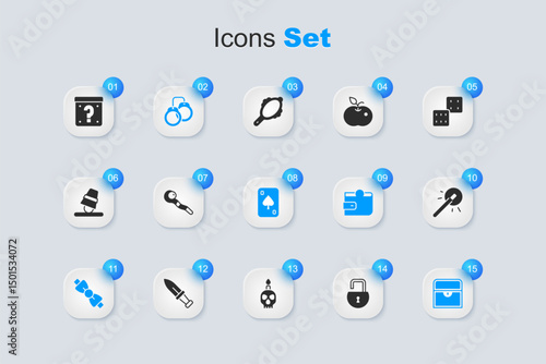Set Open padlock, Magic staff, Handcuffs, Bow tie, Antique treasure chest, wand, Mystery box and Playing cards icon. Vector