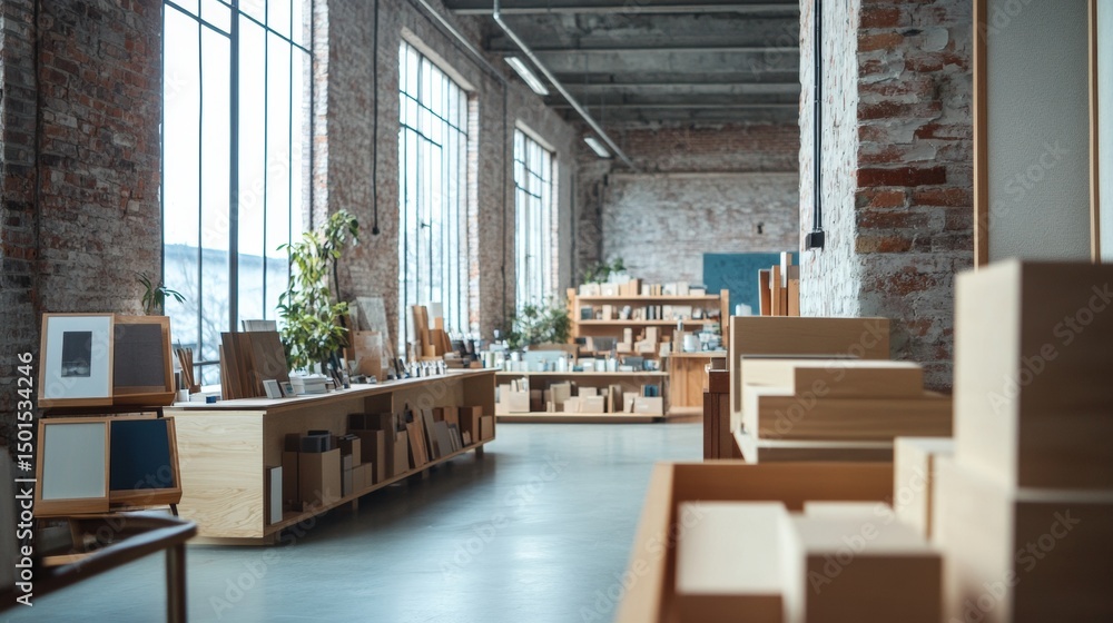 Modern industrial office interior with minimalist wooden furniture and open layout for creative workspace design Modern industrial office interior with minimalist wooden furniture and open layout for creative workspace design