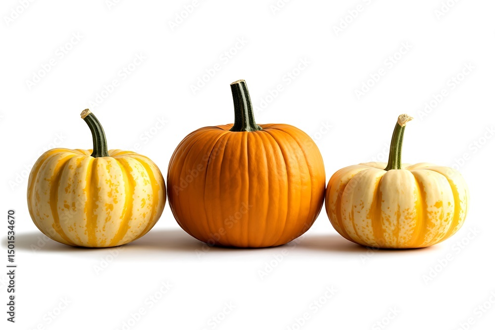 Fototapeta premium Three pumpkins in a row, each with unique colors and patterns