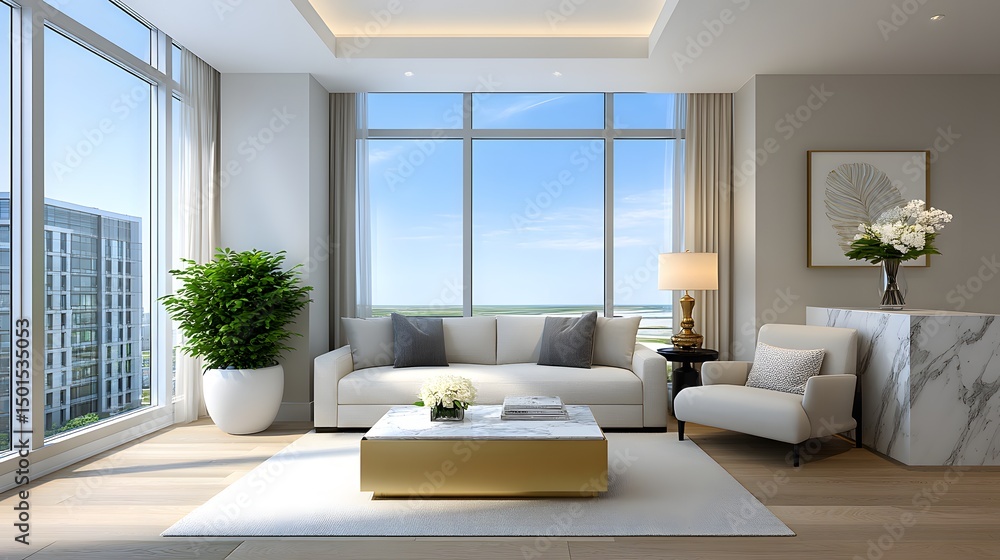 Fototapeta premium Modern Apartment Living Room Interior Design with Stunning Ocean View