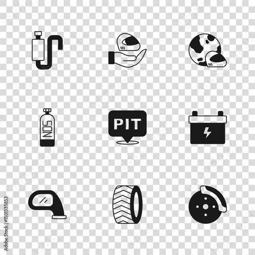 Set Car tire wheel, battery, brake disk with caliper, Pit stop, Racing helmet, muffler, and Nitrous oxide icon. Vector