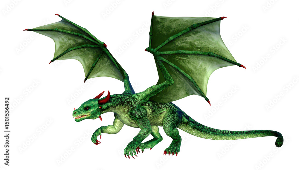 Fototapeta premium Majestic green dragon with fiery red wings soaring through the sky green
