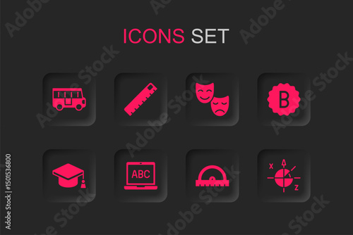 Set Laptop, Ruler, School Bus, Protractor grid, Exam paper with incorrect answers, Trigonometric circle, Comedy and tragedy masks and Graduation cap icon. Vector
