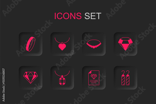 Set Pendant on necklace, Necklace with heart shaped, Wedding ring, Certificate of the diamond, Diamond, Earrings, Pearl and icon. Vector