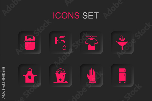 Set Bucket with foam and bubbles, Water tap, Trash can, Rubber gloves, Washbasin, Refrigerator, Drying clothes and Kitchen apron icon. Vector