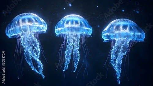 Ethereal Jellyfish Floating in Dark Ocean Depths