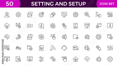 Setting and setup Solid icon collection. app and website settings icon set. options, configuration, preferences, adjustments, tools, gear, control panel, management, and productivity icons.