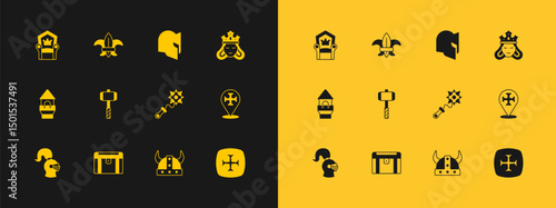 Set Princess or queen, Antique treasure chest, Mace with spikes, Viking horned helmet, Battle hammer, Medieval, throne and Fleur de lys lily flower icon. Vector