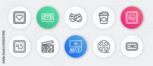 Set line Cinema auditorium with screen, Video subtitles, Rating movie, Film reel, Popcorn cardboard box, Comedy and tragedy masks, Record button and Movie clapper icon. Vector