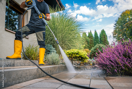 Man Pressure Washing Patio in a Vibrant Garden Under a Clear Blue Sky on a Sunny Day