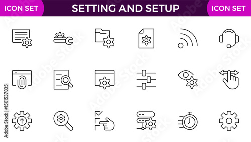 Setting and setup Solid icon collection. app and website settings icon set. options, configuration, preferences, adjustments, tools, gear, control panel, management, and productivity icons.