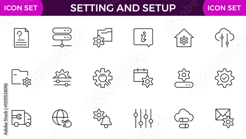 Setting and setup Solid icon collection. app and website settings icon set. options, configuration, preferences, adjustments, tools, gear, control panel, management, and productivity icons.