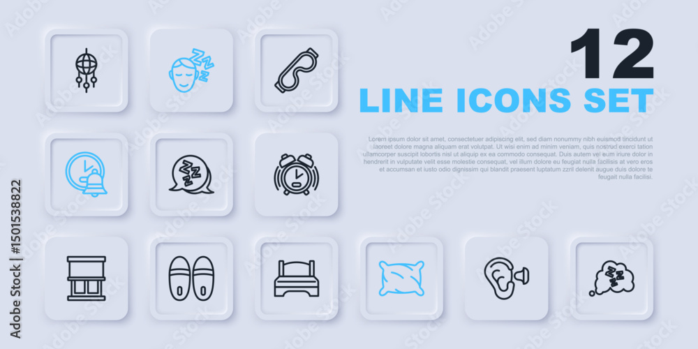 Set line Earplugs and ear, Sleepy, Pillow, Alarm clock, Slippers, Dreams and Big bed icon. Vector Set line Earplugs and ear, Sleepy, Pillow, Alarm clock, Slippers, Dreams and Big bed icon. Vector