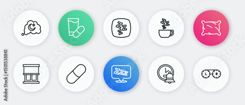 Set line Sleepy, Pillow, Window with curtains, Alarm clock, Chamomile tea, Contact lens container and Sleeping pill icon. Vector