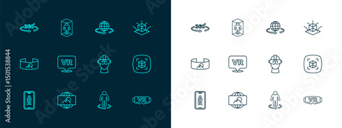 Set line 3d modeling, Wide angle picture, Virtual reality glasses, 360 degree view and icon. Vector