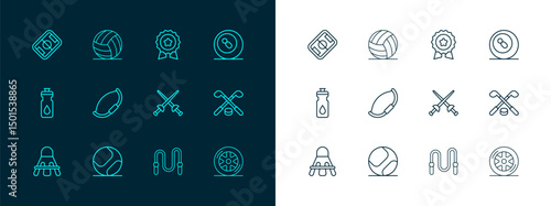 Set line Billiard pool snooker ball, Baseball, Fencing, Jump rope, Medieval bow, Medal with star, Football field and Volleyball icon. Vector