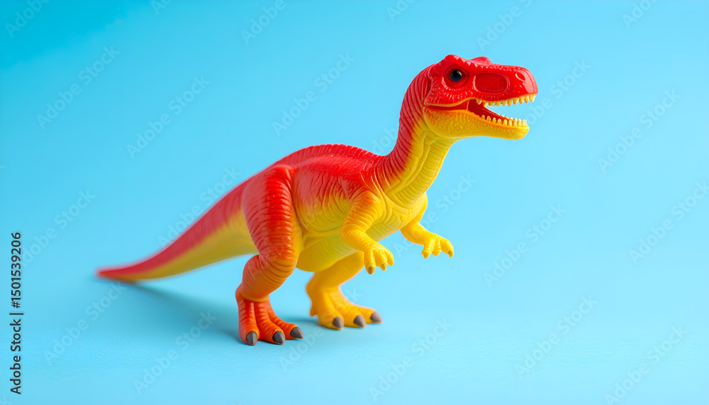 Fototapeta premium Red and Yellow Plastic Dinosaur Toy Standing on Blue Background 