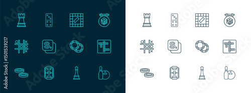 Set line Game dice, Table football, Casino chips, Chess, Bingo, Board game, and Domino icon. Vector